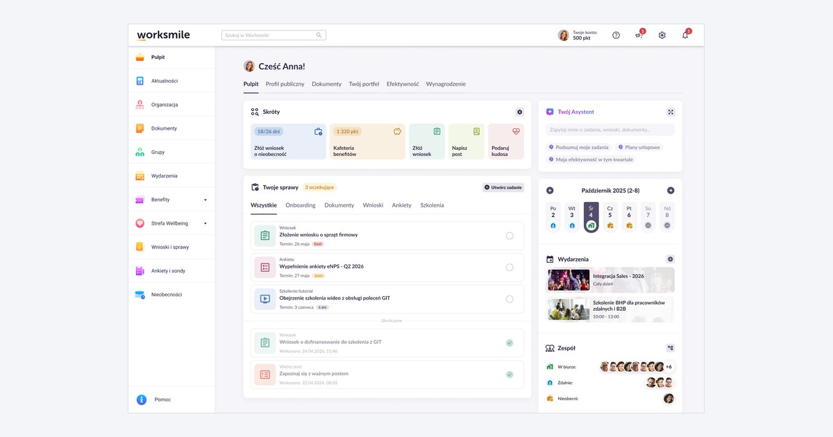 Platforma Worksmile - pulpit pracownika z wnioskami, benefitami, komunikacja i zadaniami